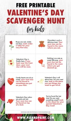 free printable valentines day scavenger hunt Agriculture Facts, Kids Valentine Party, Scavenger Hunt Ideas, Valentine's Day Party Games, Valentine Party Game, Family Valentines Day, Valentines Games, Scavenger Hunt For Kids, February Valentines