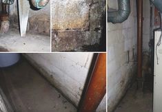 several pictures of pipes and water heaters in an old building, including one with exposed piping