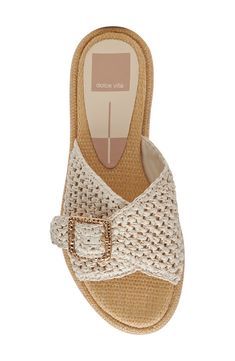 A textured buckle lends a hint of polish to this breezy raffia slide sandal ready for a sunny destination. Textile upper/synthetic lining and sole Imported Chic Beach Slides With Woven Sole, Raffia Mules, Slip-on Straw Sandals With Textured Sole, Raffia Platform Sandals, Beige Textured Slide Sandals, High By The Beach, Raffia Sandals, Trendy Shoes Sneakers, Shoe Wishlist