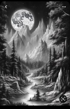 a black and white drawing of a mountain landscape with a full moon in the sky