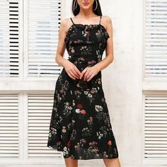 Strap Floral Print Boho Backless Ruffle Sexy Dress-women-wanahavit-Black-S-wanahavit Floral Tea Party, Ruffle Summer Dress, Casual Fashion Trends, Tea Party Dress, Boho Midi Dress, Midi Ruffle Dress, Floral Tea, Midi Dress Casual, Junior Dresses