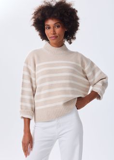 One of our best-selling sweaters is now available in stripes! Perfectly oversized and knitted with a super luxe 3-ply cashmere yarn, this sweater was designed for everyday ease. This style is also available in solid colors. Striped Turtleneck Sweater, Fisherman Style, Knitted Cape, Alpaca Sweater, Cashmere Yarn, Striped Turtleneck, Heritage Fashion, Wrap Sweater, Summer Cotton