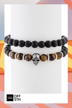 Styled Together Or As Separates, These Two Stretch Bracelets With Agate And Tiger Eye Beads Add Edge To Whatever You're Wearing. Agate Tiger Eye Titanium Skull And Accents Solid Fill Adjustable Stretch Band Hand Knotted Imported Size Diameter, About 3". Center Core - M Jewelryundefined Adjustable Agate Jewelry With Spacer Beads, Adjustable Agate Beaded Bracelets With Polished Beads, Adjustable Black Agate Bead Jewelry, Adjustable Agate Jewelry With Black Beads, Adjustable Black Agate Beaded Jewelry, Adjustable Agate Bracelet With Polished Beads, Casual Beaded Agate Jewelry, Stretch Band, Tiger Eye Beads