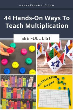 four hands - on ways to teach multiplication with text overlay that reads, 4 hands - on ways to teach multiplicition see full list