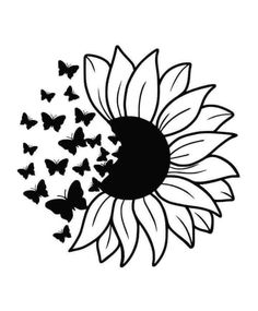 a sunflower with butterflies flying around it