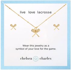 SPECS: Necklace has a 16" chain with spring-ring closure and Chelsea Charles brand logo at the clasp; hypoallergenic Necklace features a 12mm plated lacrosse sticks charm with a 1mm crystal lacrosse ball accent 8mm lacrosse earrings with a .75mm crystal accent Hypoallergenic earrings with sterling silver posts DESIGN & DETAILS Ready to gift on our luxe jewelry stationery Wear this gift set as a symbol of your love for lacrosse Designed by Chelsea Charles, a brand specializing in jewelry and acce Lacrosse Balls, Hypoallergenic Necklace, Lacrosse Sticks, Lacrosse Girls, Luxe Jewelry, Hypoallergenic Earrings, Necklace And Earrings, Etsy Jewelry, Lacrosse