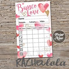 a printable bunco love game with hearts on the front and pink, gold and white