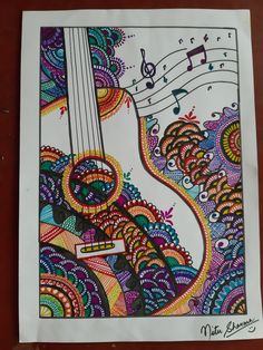 a drawing of a guitar with music notes on it