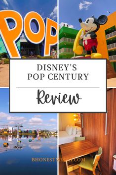 the top disney's pop century review is shown in this collage with images of various