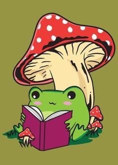 a frog reading a book in front of a mushroom