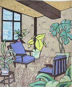 a drawing of a room with chairs and plants