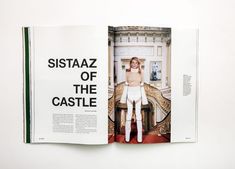 an open magazine with a woman sitting on a chair in the center and text that reads sistaz of the castle