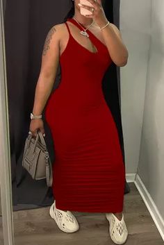 Red Sexy Casual Solid Hollowed Out Fold One Shoulder Sleeveless Dress Stretch Solid Color Sleeveless Halter Dress, Red Sleeveless Stretch Halter Dress, Dressy Outfits, Wholesale Fashion, Dresses Online, Sleeveless Dress, High Neck Dress, Autumn Fashion, One Shoulder