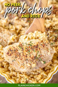 pork chops and rice in a white bowl with a wooden spoon