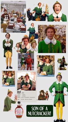 an advertisement for the elf movie with many pictures and captions on it's side