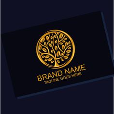 a golden tree logo on a black and gold business card with the name brand name tagline goes here