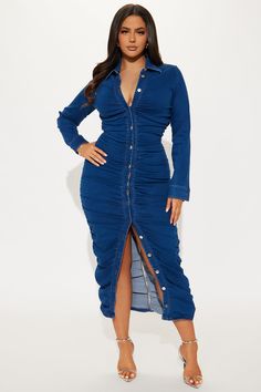 Available In Denim. Denim Maxi Dress Collar Long Sleeve Button Up Ruched Stretch Disclaimer: Due To The Specialized Wash Process, Each Garment Is Unique. 70% Cotton 28% Polyester 2% Spandex Imported | Marry Ruched Denim Maxi Dress in Dark Wash size XL by Fashion Nova Plus Size Denim Dress, Denim Maxi Dress, Dress Collar, Denim Maxi, Married Woman, Collar Dress, Denim Dress, Fashion Nova, Button Up