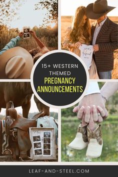 the words, 15 western themed pregancy announcements are shown in four different pictures