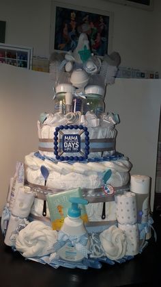 a large diaper cake that is on top of a table