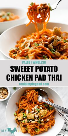 sweet potato chicken pad thai noodles in white bowls