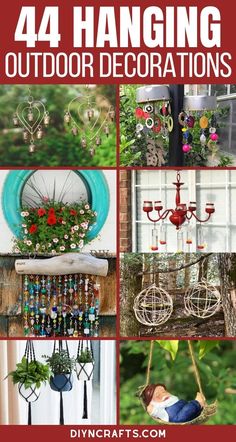 the cover of an outdoor decoration book with images of various items hanging from it and text that reads, 44 hanging outdoor decorations