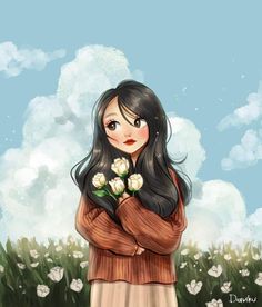 a drawing of a girl with long hair holding flowers in her hands and looking at the sky