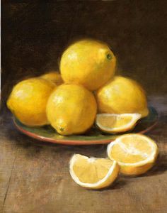 a painting of some lemons on a plate