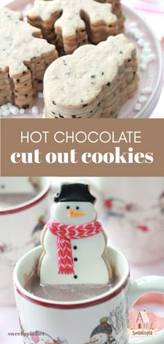 hot chocolate cut out cookies are on a plate