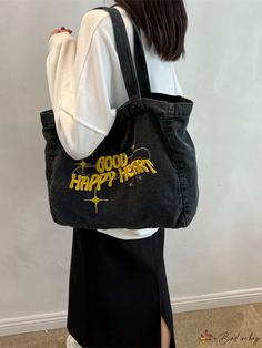 BirdinBag - Premium Shopper Bag - Large Capacity with Star & Letter Embroidery Casual Tote Bag, Trendy Denim, Denim Tote Bags, Denim Patterns, Denim Tote, Letter Embroidery, Tote Bag Pattern, Casual Tote, Shoulder Tote Bag