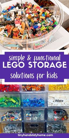 Legos sorted by type and color in drawers and a rotational bin. The text over the image reads, "simple and functional Lego storage solutions for kids". Lego Storage In Cubes, Under Stairs Lego Room, Classroom Lego Storage, Clear Lego Storage, Boy Room Organization Ideas, How To Organize Legos, Lego Organization Storage Solutions, Boys Lego Bedroom Ideas