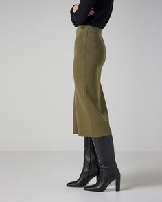 Our easy tube skirt in a compact merino wool, perfect to pair with the matching Zoe Top as a chic set. Tube Skirt, Green Wool, Shoe Collection, Outerwear Jackets, Army Green, Jacket Dress, Merino Wool, Knitwear, Slim Fit