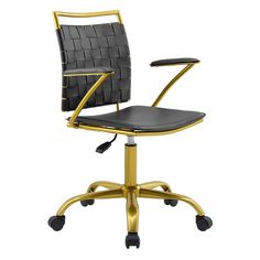 a black and gold office chair with wheels on an isolated white background, side view