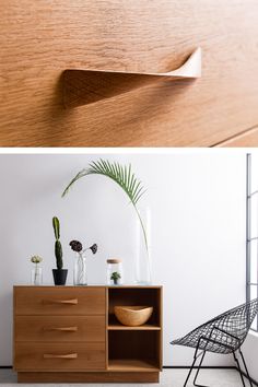 two different views of a wooden dresser with plants and vases on it, one is empty