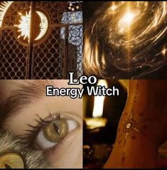 four different pictures with the words leo energy witch written in white and gold on them