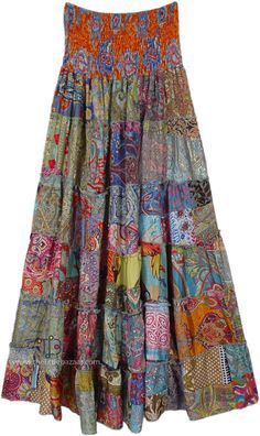 Soft Flowy Skirt with Smocked Waist in Assorted Prints! These gorgeous printed skirt feature a relaxed, flowy silhouette with an elasticized smocked waistband that moves with you. The loose-fit skirt has a comfortable waist that will fit a small to an extra large. #tlb #Patchwork #Printed #bohemianfashion #festivalskirtoutfit Casual Long Skirt With Floral Patchwork, Casual Multicolor Flowy Maxi Skirt, Casual Tiered Patchwork Skirt, Casual Multicolor Floral Patchwork Skirt, Casual Tiered Skirt With Patchwork, Multicolor Cotton Maxi Skirt With Elastic Waistband, Flowy Patchwork Maxi Skirt For Summer, Flowy Maxi Skirt With Floral Patchwork, Flowy Tiered Patchwork Skirt