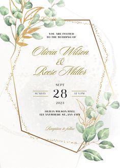 an elegant wedding card with greenery on it