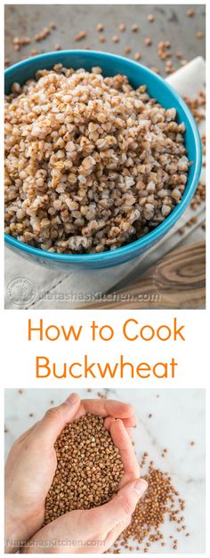 how to cook buckwheat in a blue bowl with text overlay that reads how to cook buckwheat