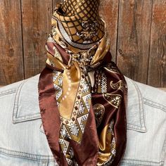 Our classic wild rag/scarf in earth tones with a paisley pattern. A perfect square - measuring 35"x35". Adding that extra touch of a western style to your outfit. 100% soft silk feeling polyester is durable to keep you warm in the cold and fashionable for any occasion. Plus it's machine washable!  Additional accessories are available- (Please see our slide options on our site)  *Leather slides *Western concho slides *Crystal concho slide  *Buckle slides Outfit Western, Bright Pop, Perfect Squares, Wild Rag, Hooded Scarf, Mens Fashion Casual Outfits, Leather Slides, Paisley Pattern, Western Style