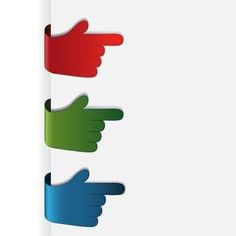 three different colored hands pointing at each other on a white background with space for text