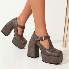 Shop Grey T-Bar Mary Janes Chunky Platform Cut Out Dress Square Toe Buckle Shoes color Grey for Date, Engagement, Hanging out with worldwide Free shipping & Free return. Women Heels, Women Platform Shoes, Heels Online, Womens Summer Shoes, Super High Heels, Beige Shoes, Buckle Shoes, Thick Heels, Shoes Booties