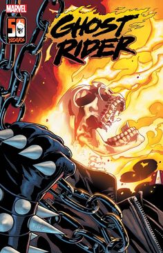 the cover to ghost rider 5, with chains hanging from it's arms and hands