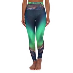 These skinny fitting high-waisted yoga leggings will take you from workout to store run in comfort and style. They are fully customizable with an Northern Lights Starlit Aura print that adds an instant pop to any athleisure wardrobe. Note: Runs small, consider sizing up! .: 83% Polyester, 17% Spandex .: Skinny fit .: Outside seam thread is color-matched to design .: Interior white seam thread .: Double layer waistband .: Please note: Slightly see-through when stretched. Some of the undyed white underneath material may become visible at the seams or where sewn. .: Assembled in the USA from globally sourced parts Green Compression Activewear For Outdoor Activities, High Waist Green Leggings For Pilates, Green Compression Tights For Yoga, Green Breathable Yoga Pants, Green Pants For Pilates, Green Full Length Leggings For Training, Green High Waist Sports Tights, Tight Green Pants For Pilates, Green Full Length Training Leggings