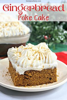 a slice of gingerbread poke cake on a plate