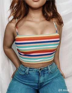 Fashion forward and trendy rainbow knit fashion top.   #kimkardashian #kyliejenner Summer Outfits With Crop Tops, Rush Week Outfits, Soft Girl Outfits, Popular Outfits, Striped Crop Top, Pinterest Outfits, Photoshoot Outfits, Knit Fashion, Girly Outfits