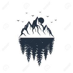 mountains and trees with birds flying over them on a white background royaltyvectors