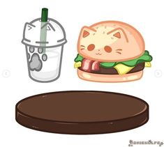 a hamburger with a cat face next to a drink