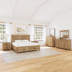 a bed room with a neatly made bed and wooden dressers on either side of the bed