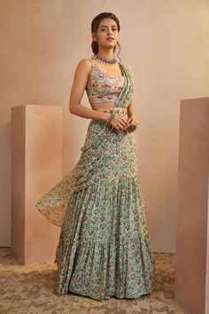 Shop for Aneesh Agarwaal Green Georgette Floral Print Pre-draped Saree With Blouse for Women Online at Aza Fashions Green Drapes, Draped Saree, Mirror Embroidery, New Saree Blouse Designs, Lehenga Designs Simple, Drape Saree, Printed Gowns, New Address, Unique Blouse