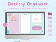 desktop computer screen with wallpaper and folders on it, next to the text desktop organizer