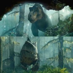 an image of dinosaurs in the forest